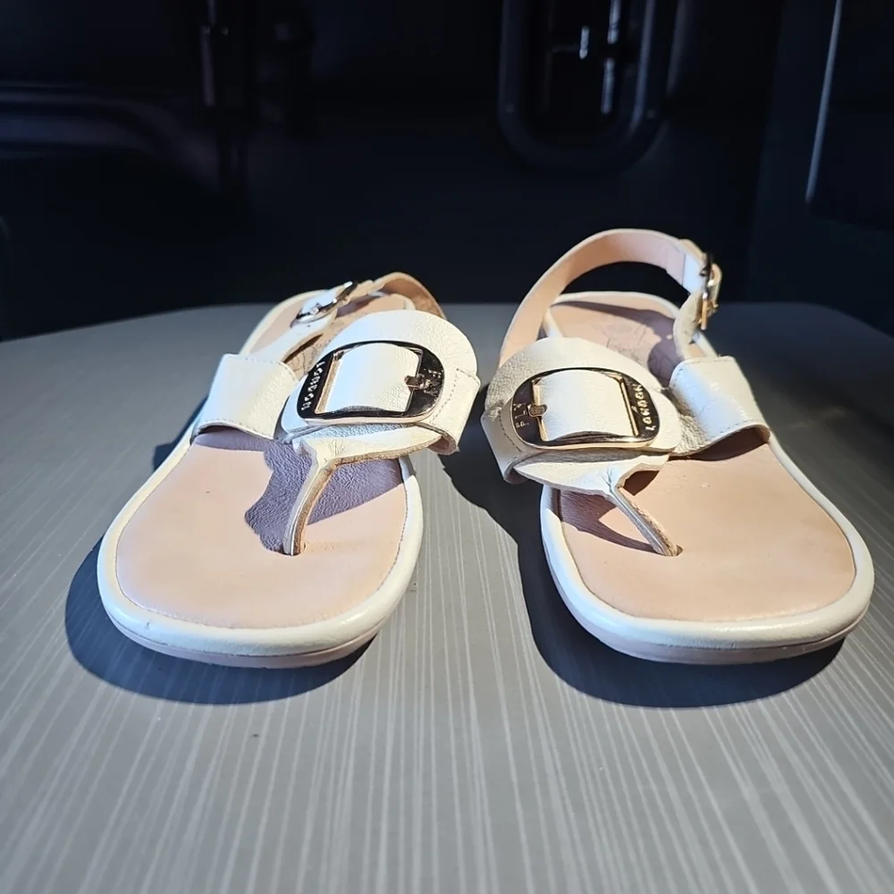 Fly London Beige Emat Leather Buckle Gladiator Mule Sandals Size 38 US 7/7.5 EUC